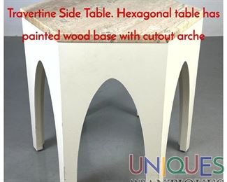 Lot 3 HARVEY PROBBER Modern Travertine Side Table. Hexagonal table has painted wood base with cutout arche
