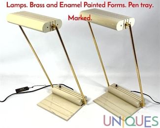 Lot 11 Pr FRATELLI MARTINI Italian Desk Task Lamps. Brass and Enamel Painted Forms. Pen tray. Marked.