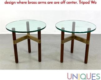 Lot 13 Pr Designer Brass and Wood Side Tables. Unique design where brass arms are are off center. Tripod Wo