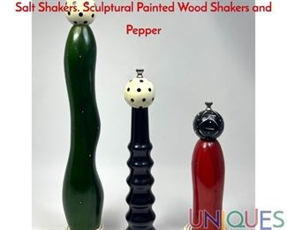 Lot 15 3pc RAW DESIGN Robert Wilhelm Pepper Mills Salt Shakers. Sculptural Painted Wood Shakers and Pepper