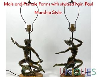 Lot 16 Pr Art Deco Figural Metal Table Lamps. Male and Female Forms with stylized hair. Paul Manship Style.