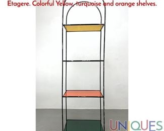 Lot 32 Weinberg style Black Painted Iron Shelf Unit Etagere. Colorful Yellow, turquoise and orange shelves.