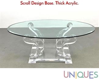 Lot 40 Modernist Glass Top Coffee Table with Lucite Scroll Design Base. Thick Acrylic.