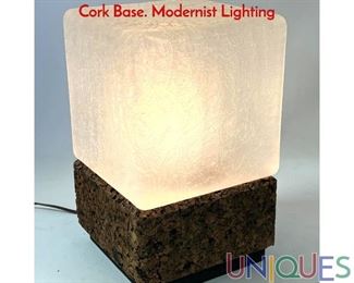 Lot 41 Frosted Crackle Glass Ice Cube Lamp. Natural Cork Base. Modernist Lighting