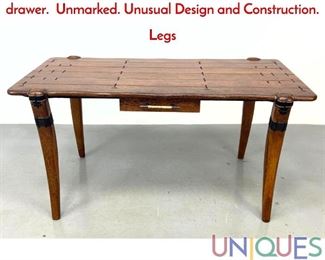 Lot 43 Pacific Green Mendi Desk Table with single drawer. Unmarked. Unusual Design and Construction. Legs
