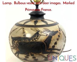 Lot 48 PRIMAVERA France Art Pottery table Lamp. Bulbous vessel with deer images. Marked Primavera France.