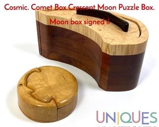 Lot 56 2pc American Studio Woodworker Boxes. Cosmic. Comet Box Crescent Moon Puzzle Box. Moon box signed il