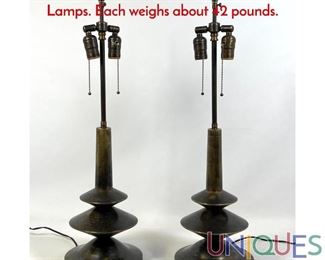 Lot 57 Pair Solid Bronze Angled Stepped Form Table Lamps. Each weighs about 42 pounds.