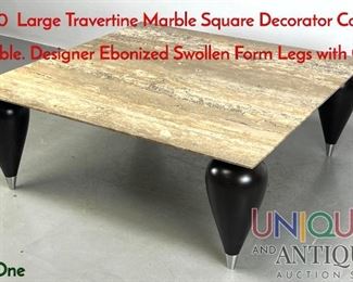 Lot 60 Large Travertine Marble Square Decorator Cocktail Table. Designer Ebonized Swollen Form Legs with Ch