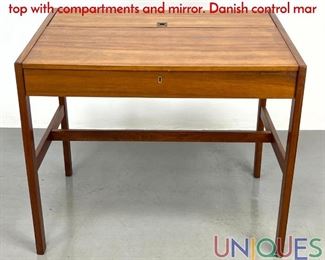 Lot 64 Danish Modern Teak Vanity Writing desk. Flip up top with compartments and mirror. Danish control mar