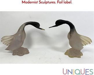 Lot 81 Pr DOROTHY THORPE Lucite Duck Figures. Modernist Sculptures. Foil label.