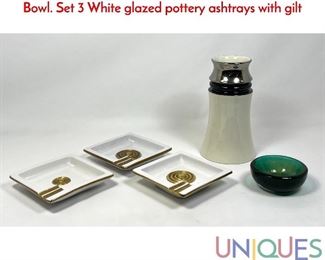 Lot 83 5pc Mid Century Design Lot. Green Italian Glass Bowl. Set 3 White glazed pottery ashtrays with gilt