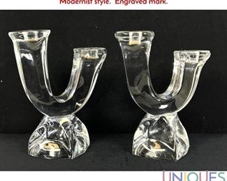 Lot 84 Pr DAUM France Crystal Double Candlesticks. Elegant Modernist style. Engraved mark.