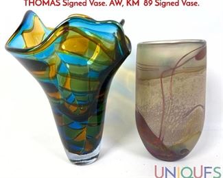 Lot 90 2pc American Studio Art Glass Vases. NORMAN THOMAS Signed Vase. AW, KM 89 Signed Vase.