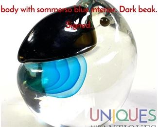 Lot 92 A ZANELLA Art Glass Bird. Clear body with sommerso blue interior. Dark beak. Signed.