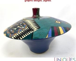 Lot 93 GEFF REED Studio Art Pottery Lidded Vase. Polychrome graphic designs. Signed.