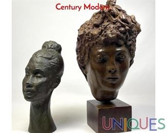 Lot 104 2pcs Bronze bust sculptures. Figural. Mid Century Modern.