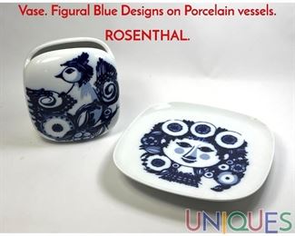 Lot 105 2pc BJORN WIINBLAD Porcelain Dish and Vase. Figural Blue Designs on Porcelain vessels. ROSENTHAL.
