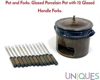 Lot 107 BJORN WIINBLAD for ROSENTHAL Fondue Pot and Forks. Glazed Porcelain Pot with 12 Glazed Handle Forks.