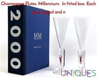 Lot 109 Pr BERTIL VALLIEN, KOSTA BODA Champagne Flutes. Millennium. In fitted box. Each glass signed and n