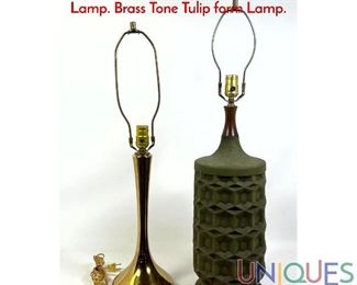 Lot 111 2pc Modern Table Lamps. Patterned relief green Lamp. Brass Tone Tulip form Lamp.