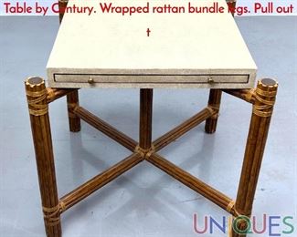 Lot 120 McGuire Style Faux Shagreen and Rattan Side Table by Century. Wrapped rattan bundle legs. Pull out t