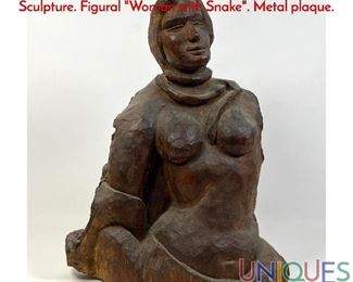 Lot 126 BERNARD BARUCH ZAKHEIM Carved Wood Sculpture. Figural Woman with Snake. Metal plaque.