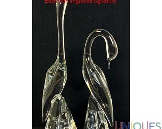 Lot 128 Pr Tall DAUM FRANCE Clear Crystal Bird Sculptures. Each with engraved signature.