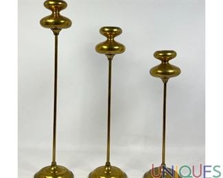 Lot 129 3pc Set Tall Brass Candlesticks. Swollen Tops.
