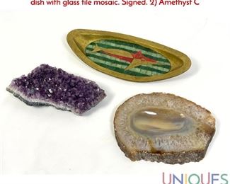 Lot 130 3pc Modernist Lot. 1 SALVADOR TERAN Bronze fish dish with glass tile mosaic. Signed. 2 Amethyst C
