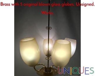Lot 135 Original PAAVO TYNELL chandelier. Brass with 5 original blown glass globes. Unsigned. Works.