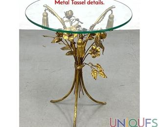 Lot 137 Italian Gilt Iron Floral Toleware Glass Top Side Table. Metal Tassel details.