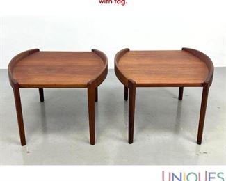 Lot 147 PR JENS RISOM barrel side tables. Walnut. Signed with tag.