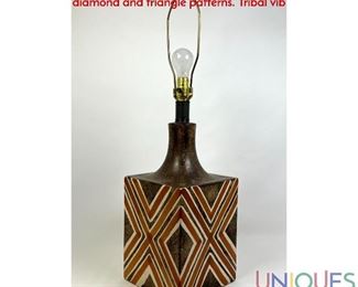 Lot 148 Large Italian Pottery Table Lamp. Square form with graphic diamond and triangle patterns. Tribal vib