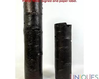Lot 149 2pc MICHAEL ARAM Bark Textured Vases. Designer Metal Ware. Signed and paper label.