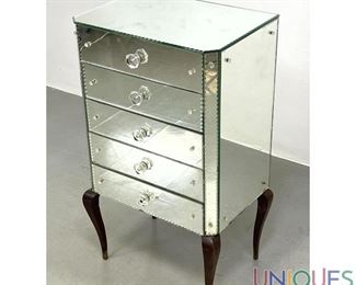 Lot 150 5 Drawer Mirrored Jewelry Side Cabinet. Cabriolet Legs.