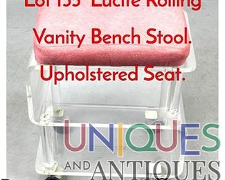 Lot 155 Lucite Rolling Vanity Bench Stool. Upholstered Seat.