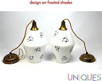 Lot 160 Pr Glass Shade Pendant Lights. Graphic stencil design on frosted shades