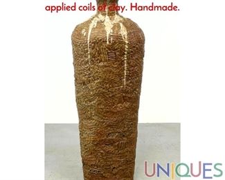 Lot 171 Tall Art Pottery Vase Vessel. Decorated with applied coils of clay. Handmade.