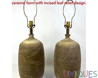 Lot 172 Pr Studio Pottery Table Lamps. Large glazed ceramic form with incised leaf relief design.