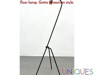 Lot 175 Mid Century Modern Iron grasshopper tripod floor lamp. Greta Grossman style.