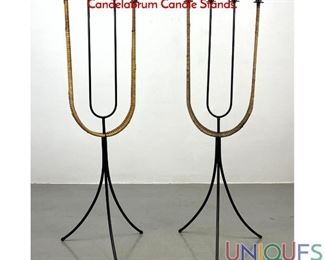 Lot 176 Pair of Arthur Umanoff Iron and Wicker Floor Candelabrum Candle Stands.