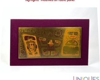 Lot 177 Modernist Etched brass Plaque. Figural relief design with paint highlights. Mounted on fabric panel