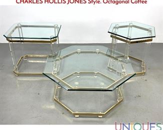 Lot 180 3pc Beveled Glass, Brass Tone, Lucite Modernist Tables. CHARLES HOLLIS JONES Style. Octagonal Coffee