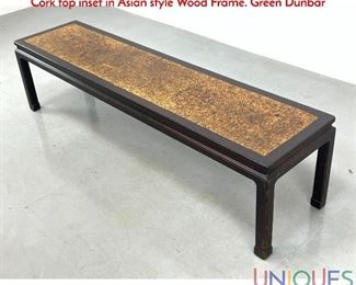 Lot 200 EDWARD WORMLEY for DUNBAR Long Coffee Table. Cork top inset in Asian style Wood Frame. Green Dunbar