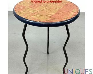 Lot 202 Artisan Iron Frame Painted Wood Top Side Table signed to underside