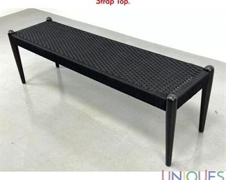 Lot 205 Ebonized Wood Frame Bench Seating. Woven Fabric Strap Top.