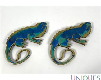 Lot 210 Pr Bronze Enameled Handles. Iguanas. Bronze frames.
