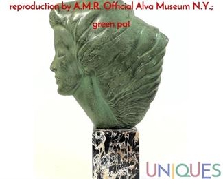 Lot 213 Peggy Mach Female Bust Sculpture, a 1971 reproduction by A.M.R. Official Alva Museum N.Y. green pat