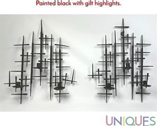 Lot 214 Pr Brutalist Candle sconces. Cut nail construction. Painted black with gilt highlights.